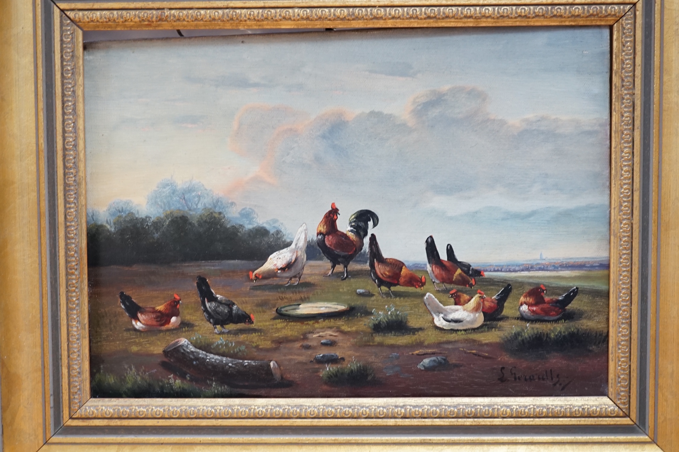 L. Gerardts (Dutch), pair of oils on canvas, Chickens before landscapes, signed, 24 x 34cm. Condition - fair to good